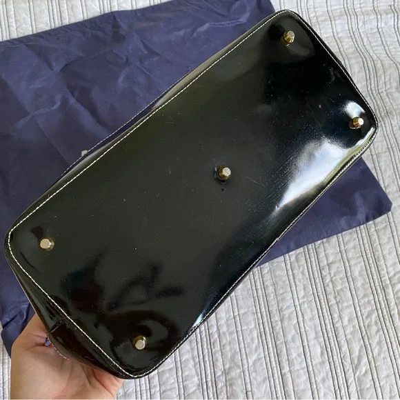 Arcadia Genuine Patent Leather Made in Italy Logo Satchel Bag Black with Red - Picture 4 of 11